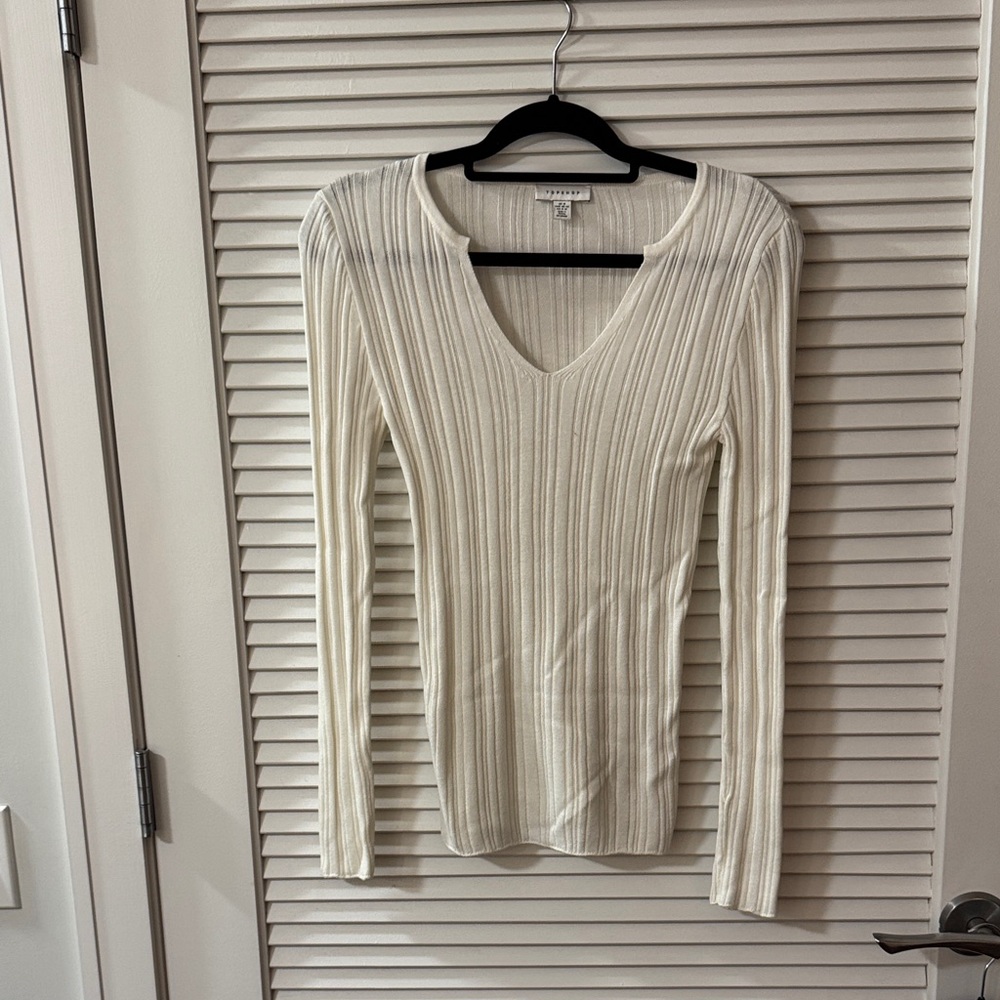 Topshop Ribbed V-Neck Long Sleeve Top in Cream